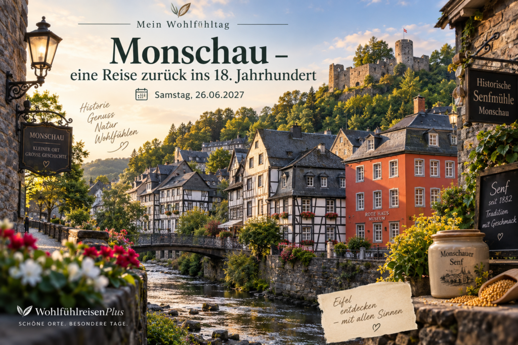 Tagesfahrt nach Monschau mit Fachwerkhäusern, Rotem Haus, Burg und historischer Senfmühle